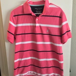 Men’s striped pink navy blue and white t-shirt